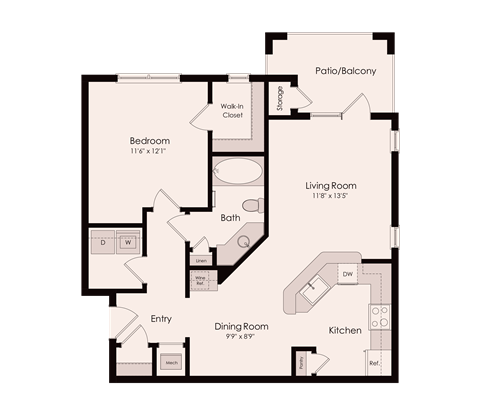 Floor plan for 1 bed, 1 bath, 826 sqft